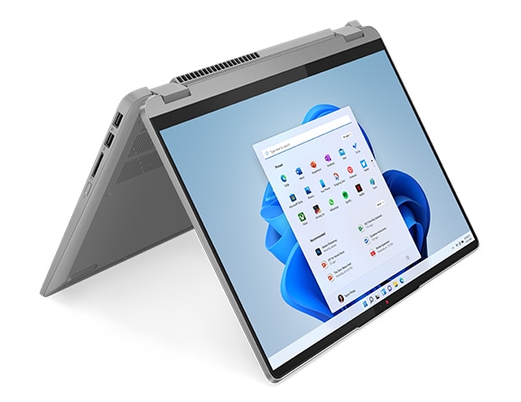 IdeaPad Flex 5 Gen 8-laptop in tentstand met scherm ingeschakeld, naar rechts gericht