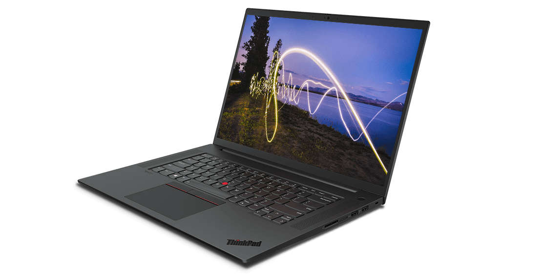 Lenovo ThinkPad P1 Gen 4 mobile workstation open 90 degrees, angled to show right-side ports.