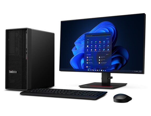 Side view of Lenovo ThinkStation P358 tower workstation, alongside a monitor, keyboard, and mouse (all sold separately)