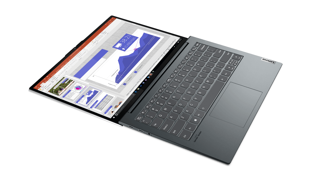 A Storm Gray Lenovo ThinkBook 13x laptop open 180 degrees and viewed at an angle from above, revealing the lay-flat hinge, keyboard and vibrant 13.3'' display.