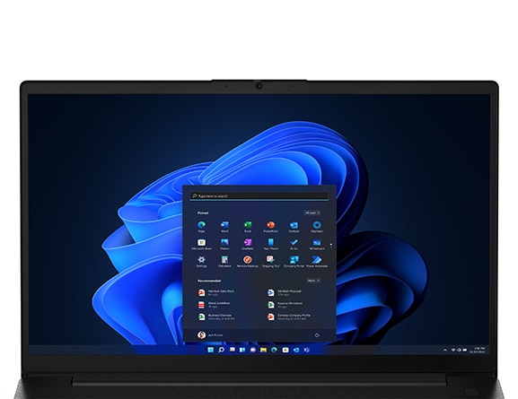 Front-facing Lenovo V15 Gen 4 laptop in Basic Black, showcasing 15 inch display with Windows 11 Pro.