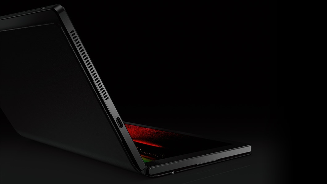 Destaque da vista do lado direito do Lenovo ThinkPad X1 Fold aberto a 90 graus