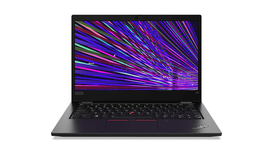 Front view of the ThinkPad L13 Gen 2 (13'' AMD) laptop, showing the keyboard, touchpad, and display, which features a colorful abstract linear design