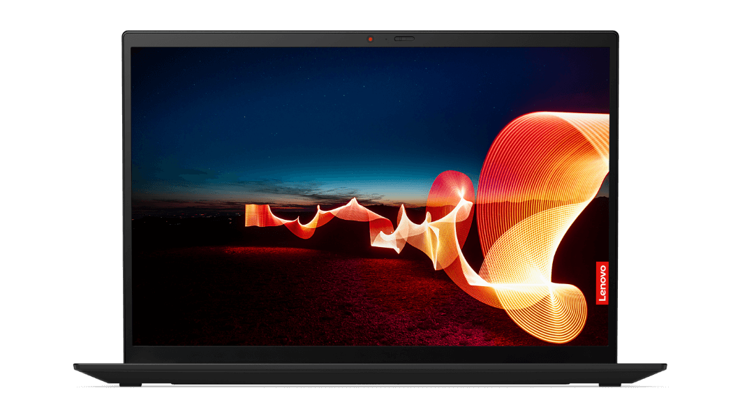 Vue avant du Lenovo ThinkPad X1 Carbon Gen 9, montrant un magnifique écran aux bordures fines.