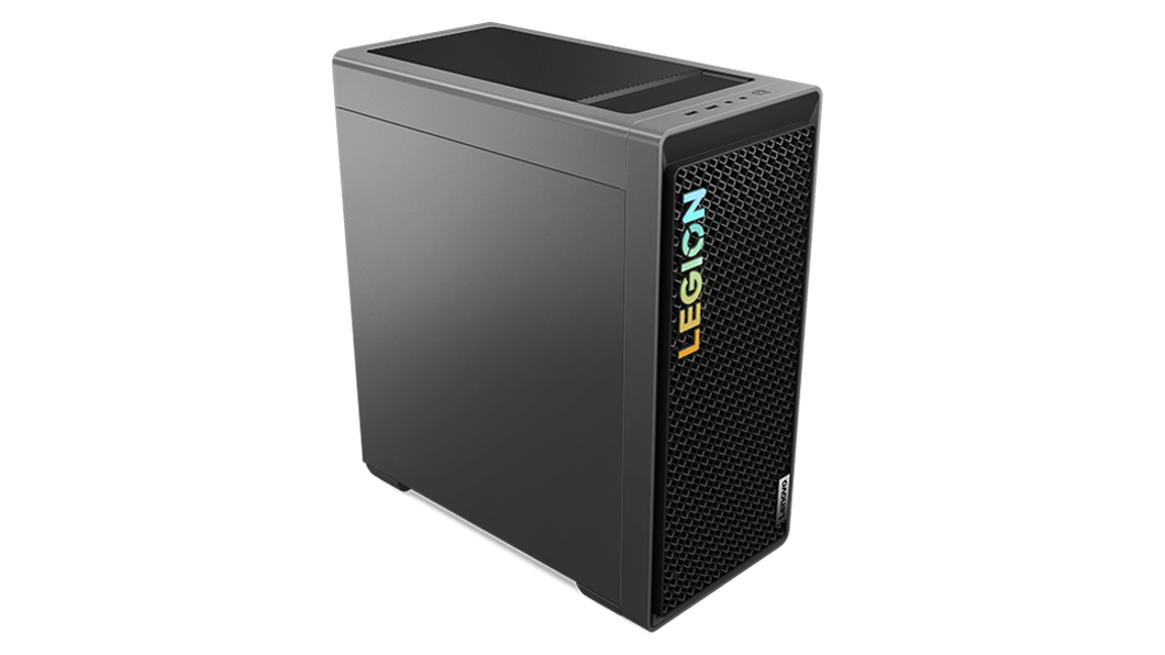 High-angle, front-left corner view of the Legion Tower 5i Gen 8 (Intel) gaming PC, showing the standard left panel, front mesh venting, and brightly lit Legion logo.