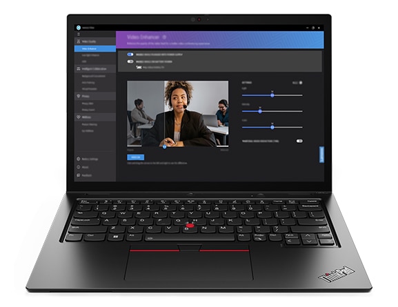 Lenovo Thinkpad L13 Yoga Gen4 front facing with an image of a woman on a video call. 