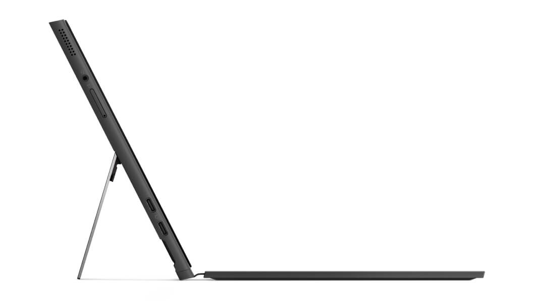 Lenovo IdeaPad Duet 3i, vista laterale con porte a sinistra in modalità notebook