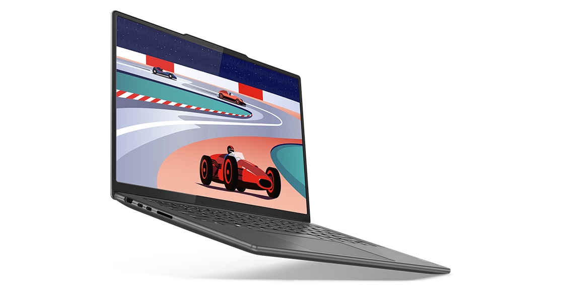 Left front angle view of the Lenovo Yoga Pro 9i Gen 8 (14 Intel), with an animated race car on the display