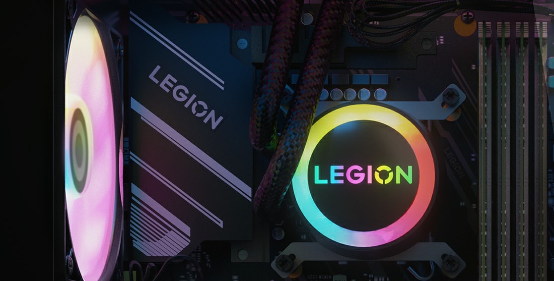 Legion Tower 7i Gen 8 (Intel) view of internals with liquid cooler and RGB lighting