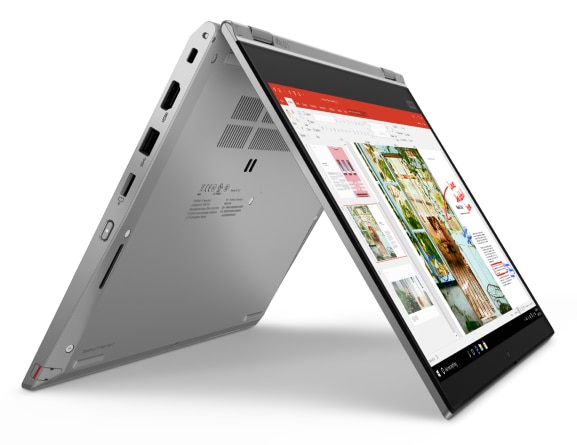 Right three-quarter view of silver Lenovo ThinkPad L13 Yoga Gen 2 in stand mode