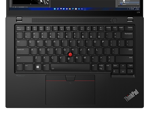 Vista dall'alto di Lenovo ThinkPad L14 di terza generazione (14'' AMD) aperto, con tastiera e ampio TrackPad