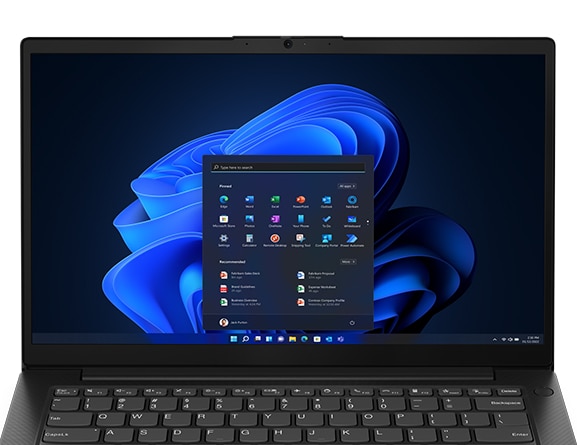 Front-facing Lenovo V14 Gen 4 laptop in Business Black showcasing Windows 11 Pro Start menu and the keyboard.