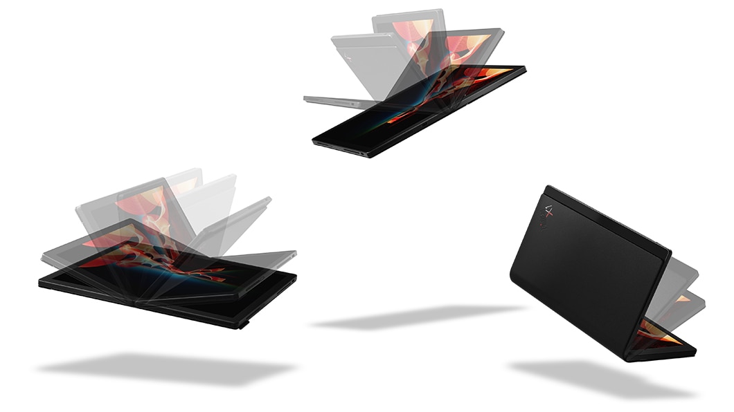 Tre notebook Lenovo ThinkPad X1 Fold che mostrano vari gradi di apertura e chiusura del tablet pieghevole