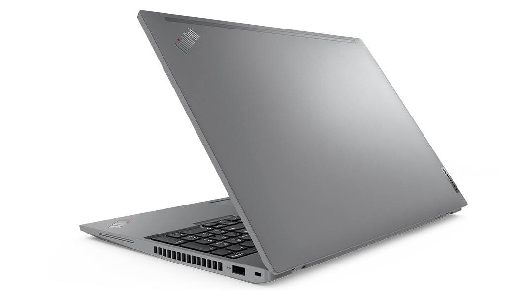 Rear side view of Lenovo ThinkPad P16s Gen 2 (16″ Intel) laptop, at an angle, opened slightly, showing top cover & part of keyboard