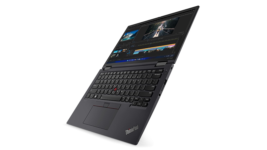 Vista lateral direita do ThinkPad X13 Yoga (3.ª geração) de 13'' (33,78 cm, Intel), aberto a 180 graus, inclinado, a mostrar o ecrã e o teclado