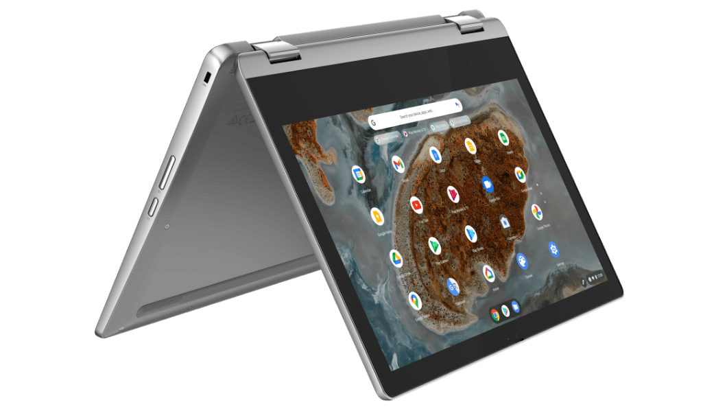 IdeaPad Flex 3 Chromebook Gen 6 (11″ MTK) tent mode, front facing at right angle, screen on