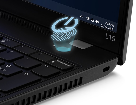 Detalje af tænd/sluk-knappen med integreret fingeraftrykslæser på den bærbare Lenovo ThinkPad L15 Gen 3.
