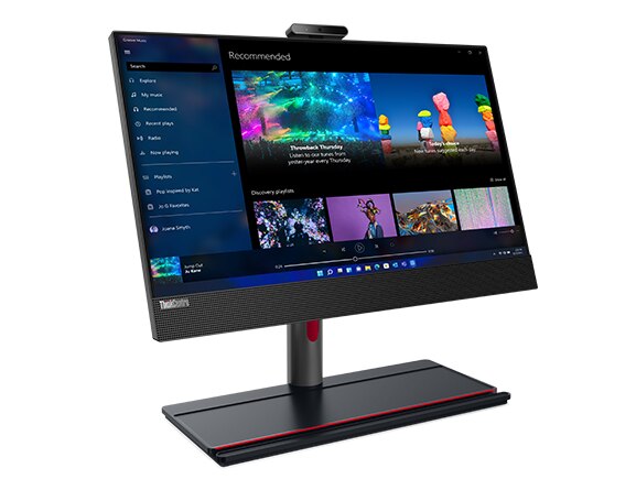 Left side, front facing view of ThinkCentre M90a Gen 3 AIO on Full Function Monitor Stand