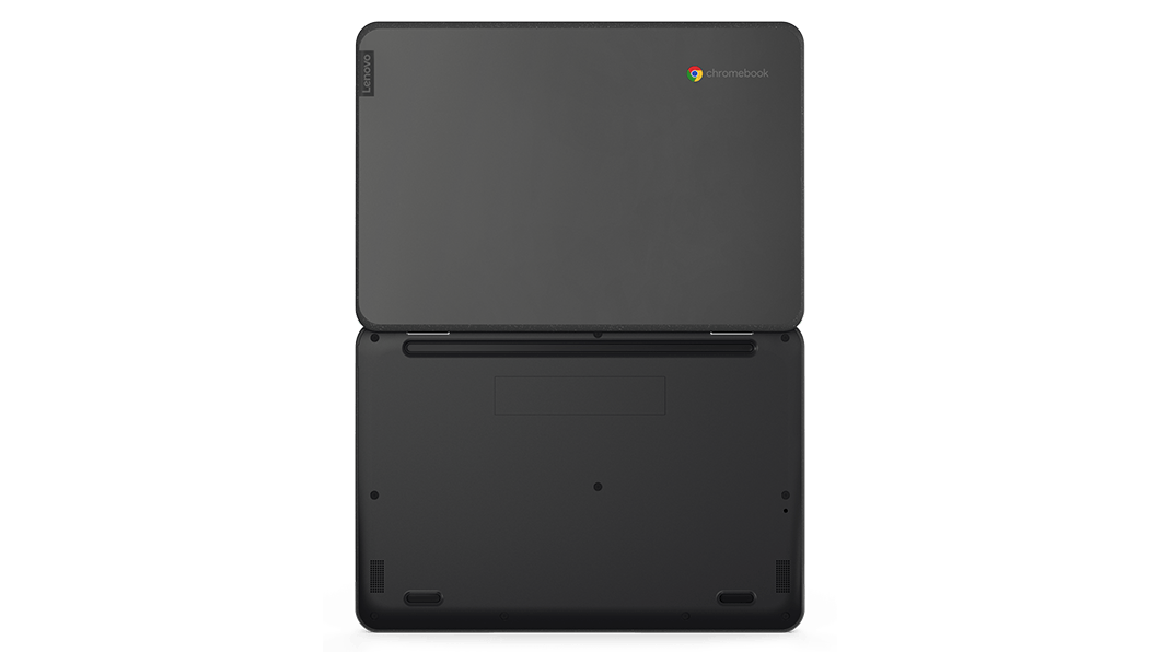 Lenovo 100e Chromebook Gen 3-laptop, bovenaanzicht van boven- en onderkant