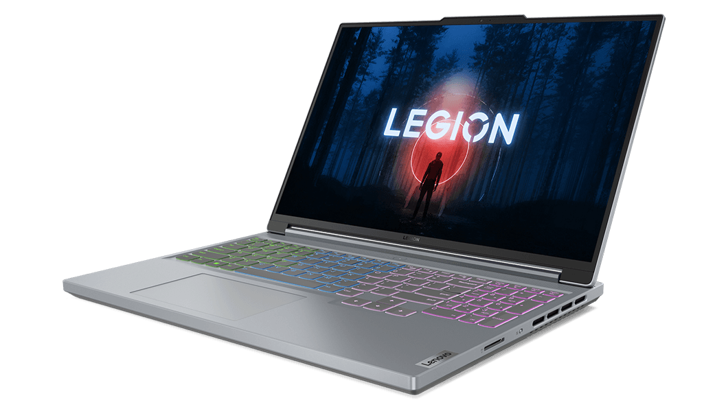Lenovo Legion Slim 5 Gen 8 laptop facing left with display on and RGB keyboard