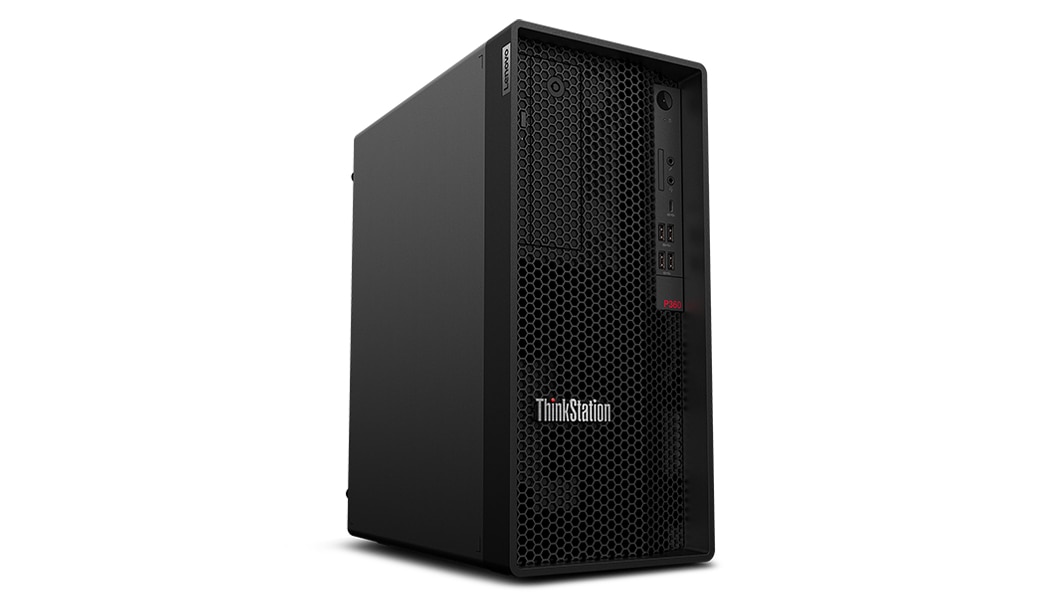 Front-facing Lenovo ThinkStation P360 tower workstation, angled slightly to show left side.