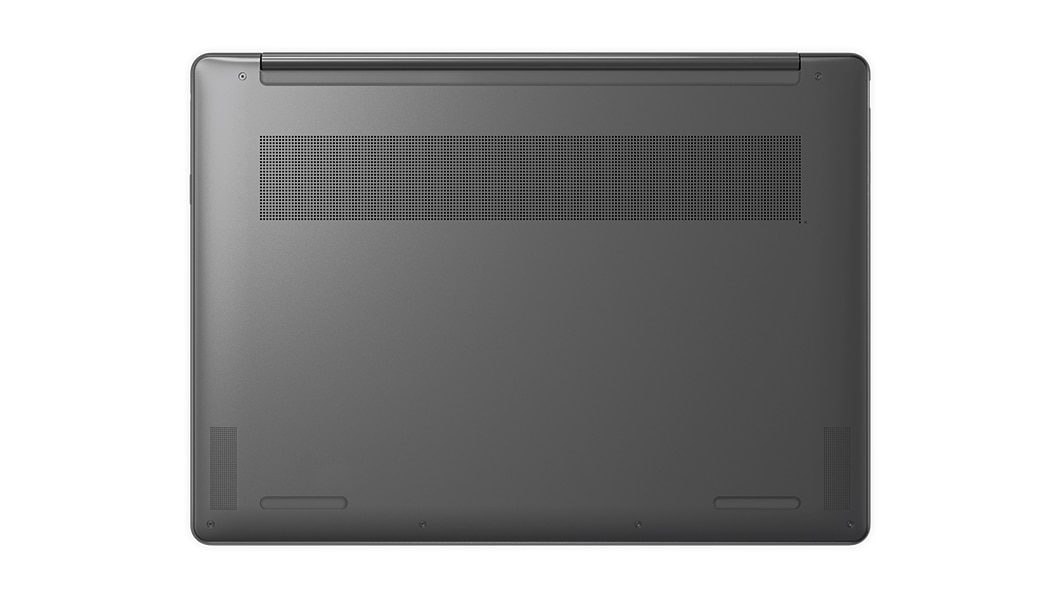 Onderaanzicht van de Yoga 9i Gen 8 2-in-1-laptop, Storm Grey, gesloten, met achterklep en ventilatieopeningen