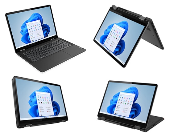 Vier Lenovo 13w Yoga 2-in-1 laptops ieder in één van de vier modi: laptop, tent, staand of tablet.