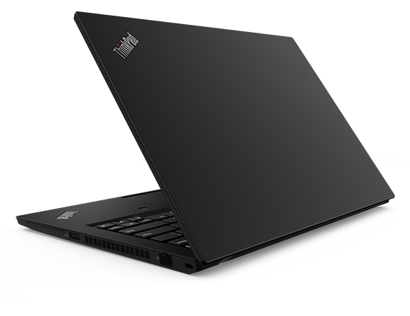Vista posterior del portátil Lenovo ThinkPad T14 de 2.ª generación (14'' AMD), abierto 75 grados, girado para mostrar los puertos del lateral derecho.