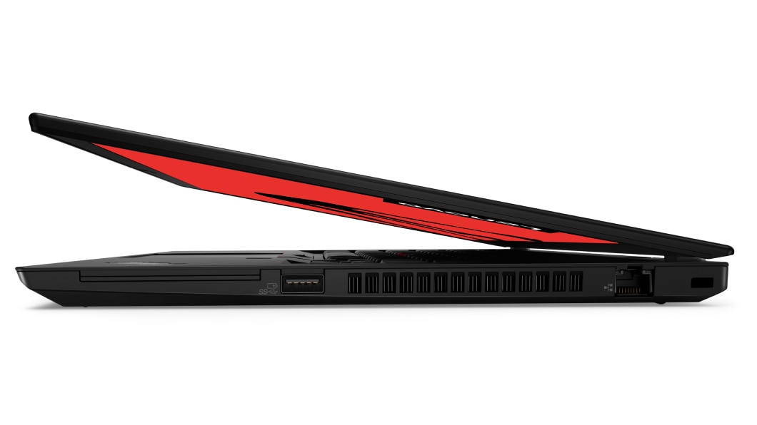 Lenovo ThinkPad P14s Workstation left side view with the laptop slightly open