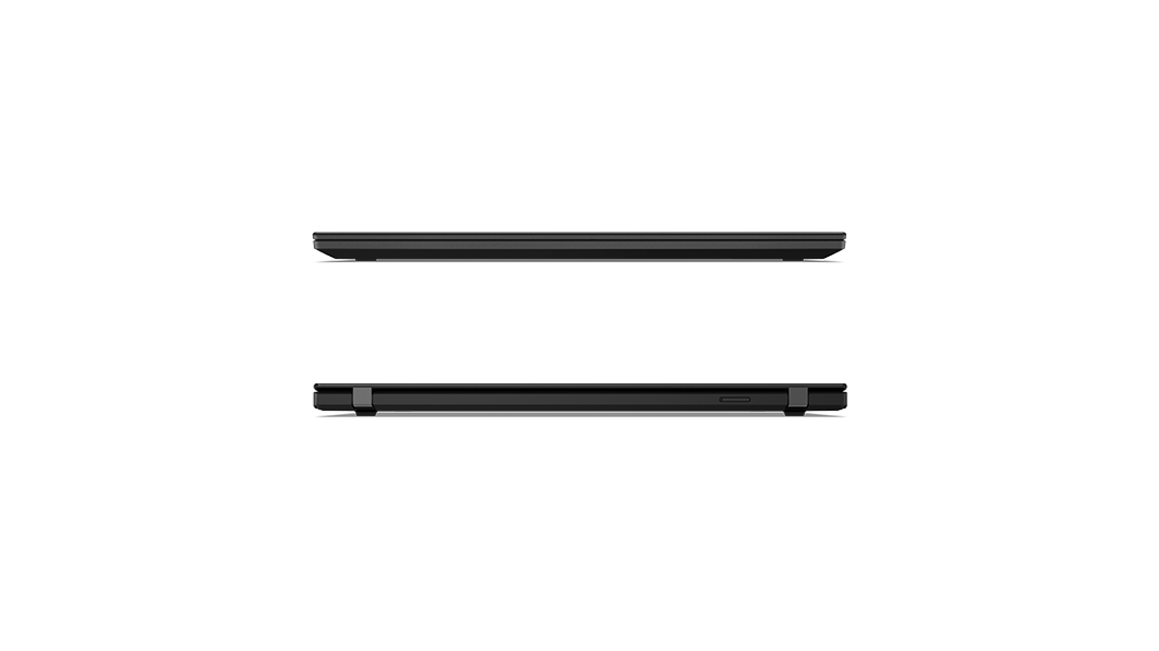Zwei Lenovo ThinkPad T14 (2. Generation) in Black, geschlossen, Profilansicht von vorne und hinten.
