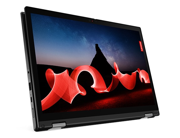 Vue de face du Lenovo ThinkPad L13 Yoga Gen 4 en mode tablette à l’horizontale, montrant de magnifiques couleurs à l’écran