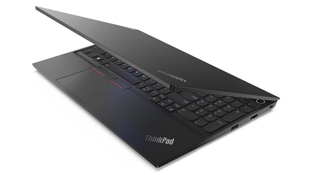 Left side view of Lenovo ThinkPad E15 Gen 4 (15” AMD) laptop, slightly opened, showing top cover and part of keyboard