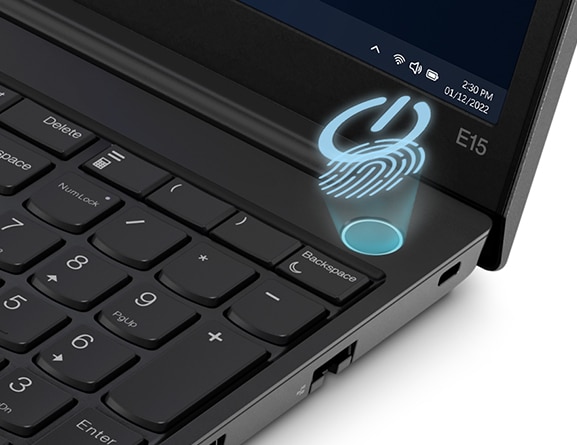 Close up of ThinkPad E15 Gen 4 business laptop’s optional fingerprint reader built into the Power On button