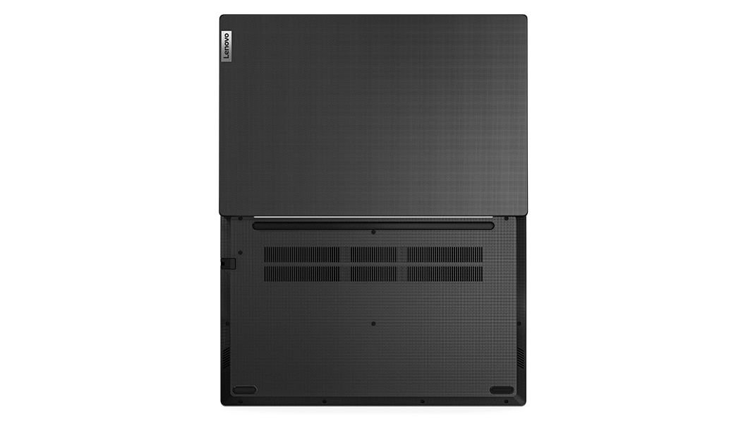 Bovenaanzicht van Lenovo V15 Gen 3-laptop (15” AMD), 180 graden plat opengeklapt, met de achterkant van de boven- en achterklep.