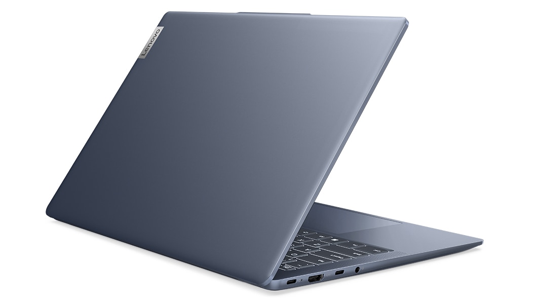 Rear right-facing view of 14-inch Lenovo IdeaPad Slim 5 AMD open to 45 degrees showing cover with Lenovo logo and glimpse of keyboard.