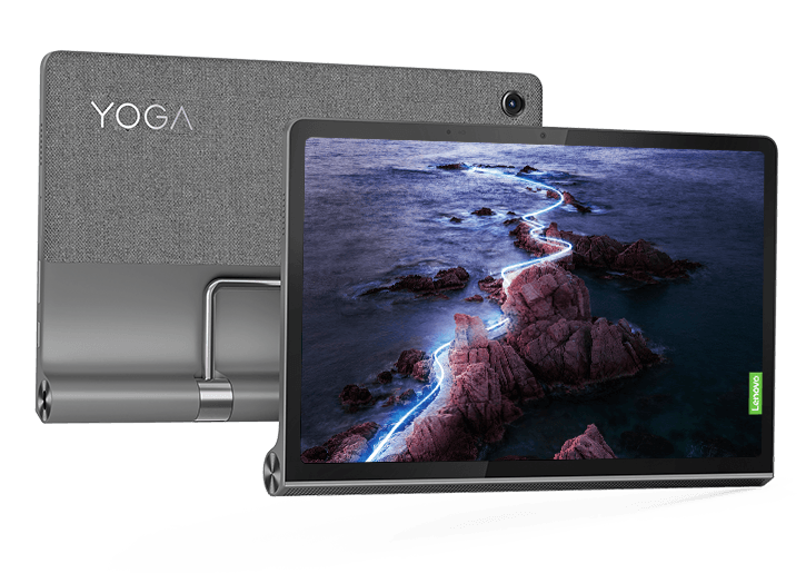 Två Lenovo Yoga Tab 11-surfplattor – förskjutna bilder av fram- och baksidan