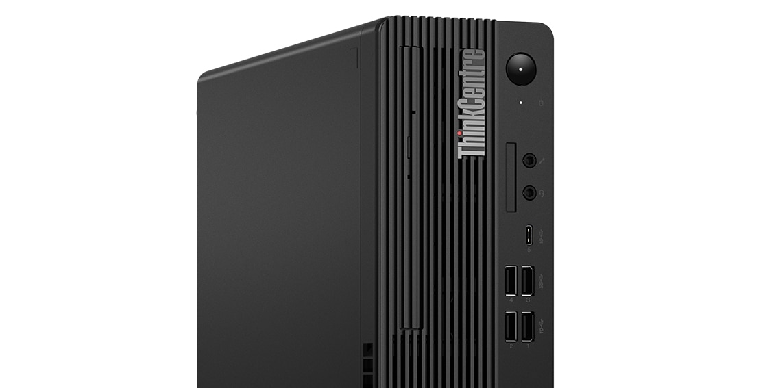 Front facing close-up of top half of Lenovo ThinkCentre M90s Gen 3 (Intel) small form factor desktop PC, showing front ports and ThinkCentre logo 