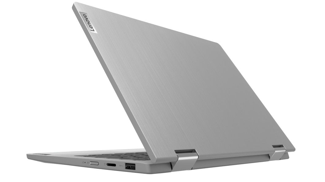 Dreiviertelansicht des silbernen Lenovo IdeaPad Flex 3 11 ADA von hinten links