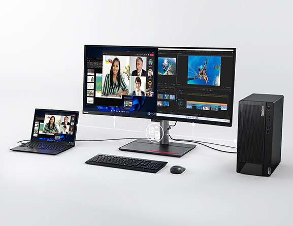 Vooraanzicht van twee beeldschermen en een ThinkPad-laptop (apart verkrijgbaar) aangesloten op ThinkCentre M90t Gen 3 Tower, met draadloos toetsenbord en muis (apart verkrijgbaar)