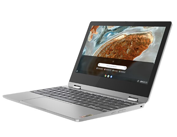 IdeaPad Flex 3 Chromebook (11'' MTK) laptop mode open, screen on, front facing left angle, Arctic Grey