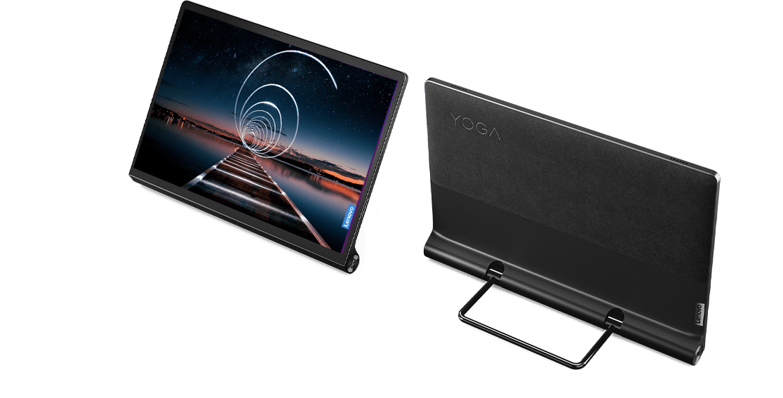 Vista de frente y de atrás de la tablet Lenovo Yoga Tab 13