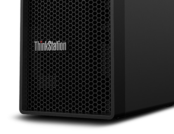 Lähikuva sivulta kuvatusta Lenovo ThinkStation P358 ‑tornitehotyöasemasta, ThinkStation-logo ja oikea sivupaneeli näkyvissä