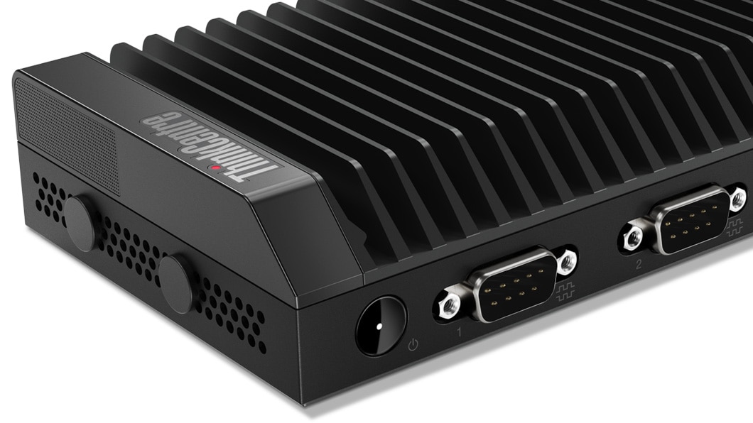 Left front view of the ThinkCentre M75n IoT Thin Client desktop showing the power button and ports