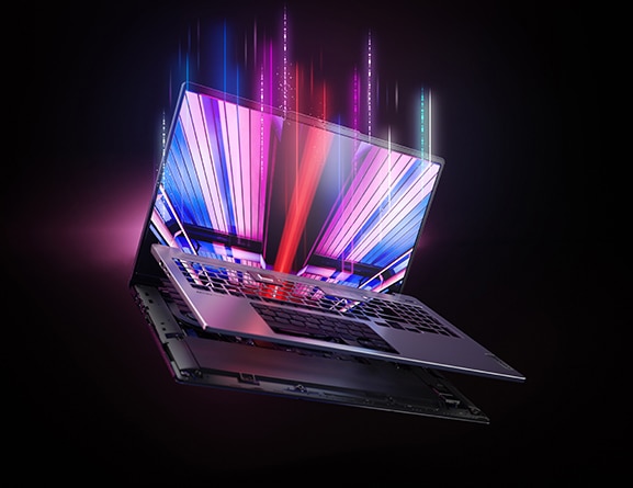 Breakaway angle view of the IdeaPad Pro 5 Gen 8 (16'' intel) from the front, showing internal components, and surrounded by blue, violet, red light effects