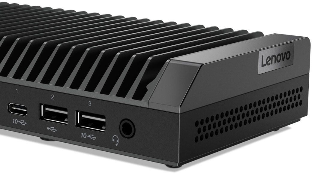 Right front view of the ThinkCentre M75n IoT Thin Client desktop showing USB and headphone/microphone ports