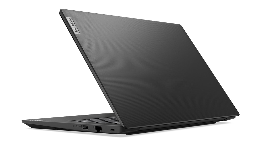 Rear view of the Lenovo V14 Gen 4 laptop in Business Black, open about 75 degrees.