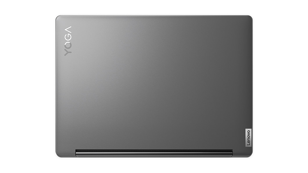 Bild ovanifrån av 2-i-1-datorn Yoga 9i Gen 8 i färgen Storm Grey, stängd, där locket med Yoga- och Lenovo-logotyperna visas