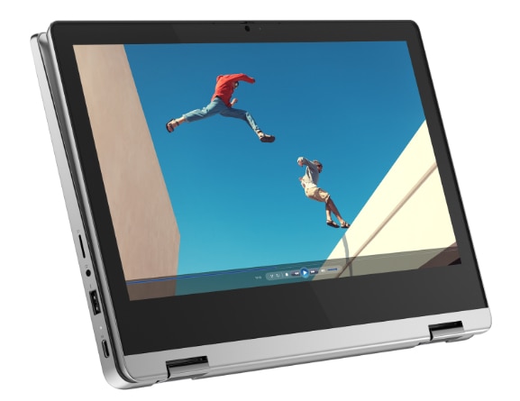 IdeaPad Flex 3 Chromebook Gen 6 (11″ MTK) tablet mode, front facing right, screen on, Arctic Grey