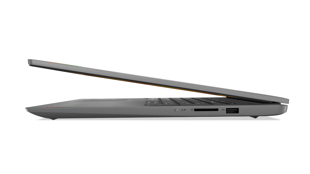 Herobilde av en 17'' Arctic Grey IdeaPad 3 AMD med lokket åpent, fra venstre