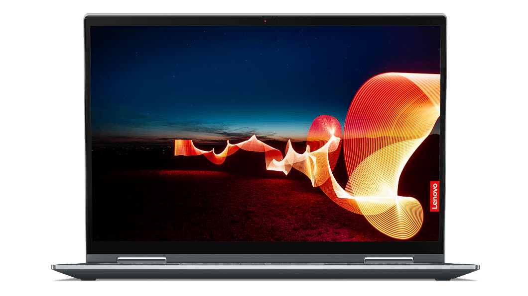 Bærbar PC med Lenovo ThinkPad X1 Yoga Gen 6 2-i-1-løsning åpen i 90 grader sett forfra.